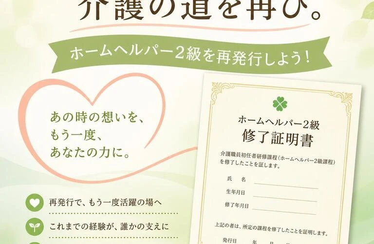 あなたの介護の道を再び。ホームヘルパー2級を再発行しよう！